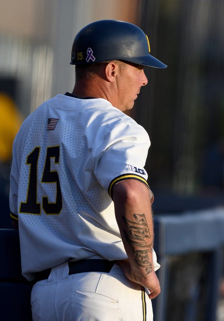 Michigan first base coach and former Detroit Tiger, Brandon Inge, during UM's 11-8 win over Michigan State.