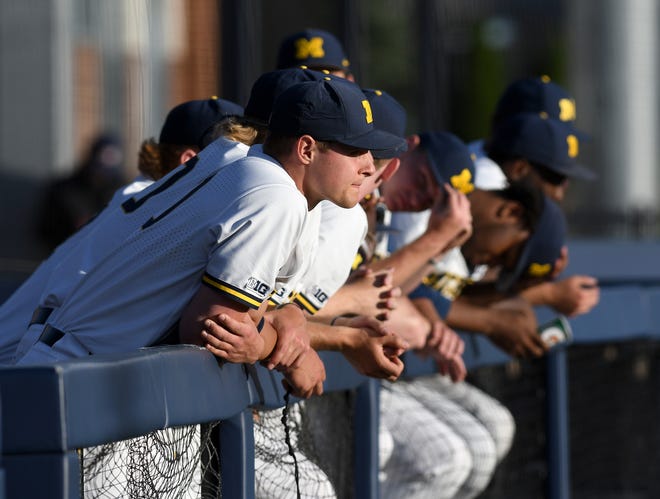 The Michigan bench watches the action from the dugout.