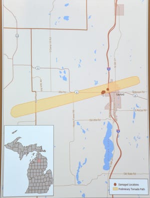 A map displays the route of a May 20, 2022, EF3 tornado that ripped into the northern Michigan town of Gaylord.