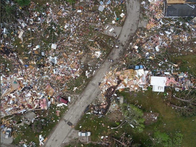 An MSP Aviation photo of the devastation in Nottingham Forest mobile home park in Gaylord.