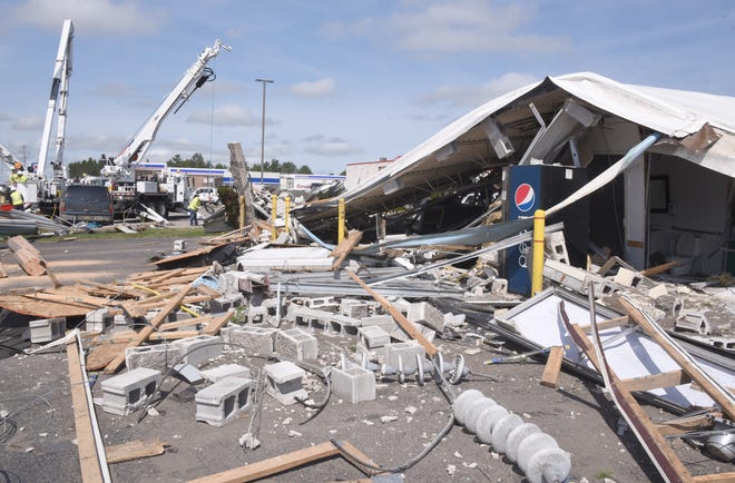 An oil change business along M-32 in Gaylord, Mich., was destroyed by a tornado Friday, May 20, 2022.