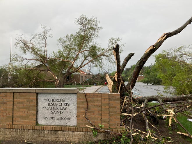 Tornado damage is seen at a church in Gaylord, Mich., Friday, May 20, 2022.