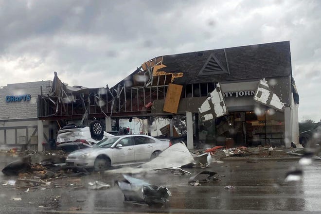 This image provided by Steven Bischer, shows damage following an apparent tornado, Friday, May 20, 2022, in Gaylord, Michigan.