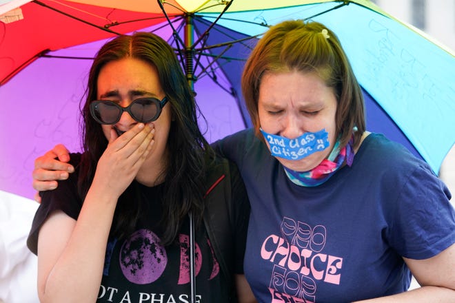 Abortion-rights activists react after hearing the Supreme Court decision on abortion outside the Supreme Court in Washington, Friday.