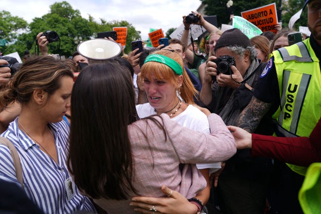 Abortion rights activists react outside the US Supreme Court in Washington, DC, on June 24, 2022.