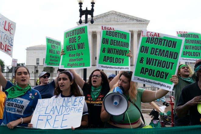 abortion-rights activists gather outside the Supreme Court in Washington, Friday, June 24, 2022. The Supreme Court has ended constitutional protections for abortion that had been in place nearly 50 years, a decision by its conservative majority to overturn the court's landmark abortion cases.