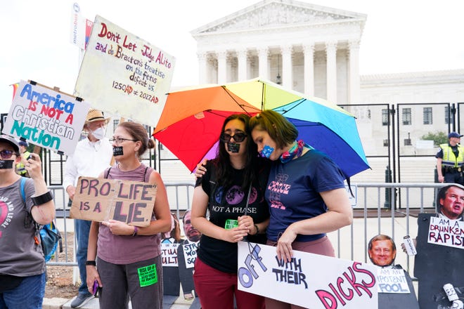 Abortion-rights activists react outside the Supreme Court in Washington, Friday, June 24, 2022.