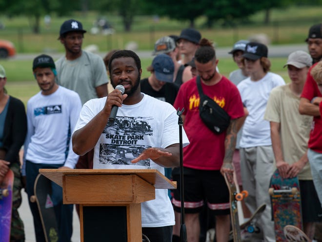 Chandler Park resident and skateboard advocate Keviyan Richardson speaks during the grand opening of the new Chandler Park Skatepark in Detroit.