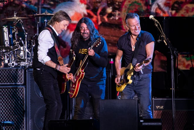 Paul McCartney, from left, Dave Grohl and Bruce Springsteen perform at Glastonbury Festival in Worthy Farm, Somerset, England, Saturday, June 25, 2022.