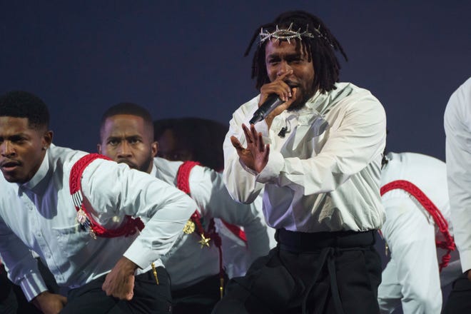 Kendrick Lamar performs at the Glastonbury Festival on June 27, 2022.