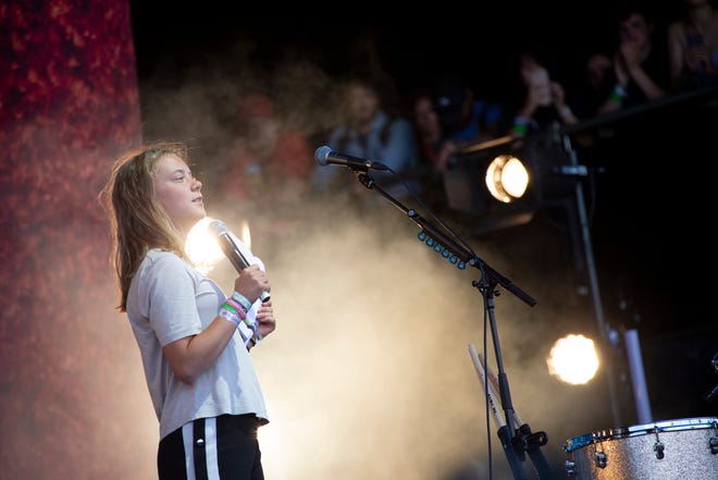 Greta Thunberg addresses the crowd at the Glastonbury Festival on June 25, 2022.