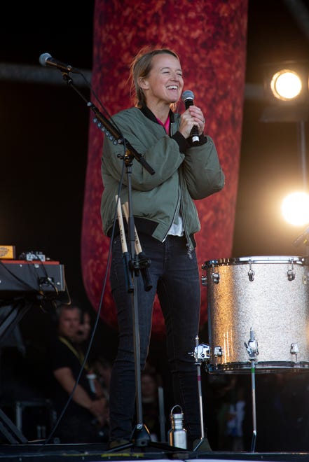 Festival organizer Emily Eavis addresses the crowd at the Glastonbury Festival on June 25, 2022.