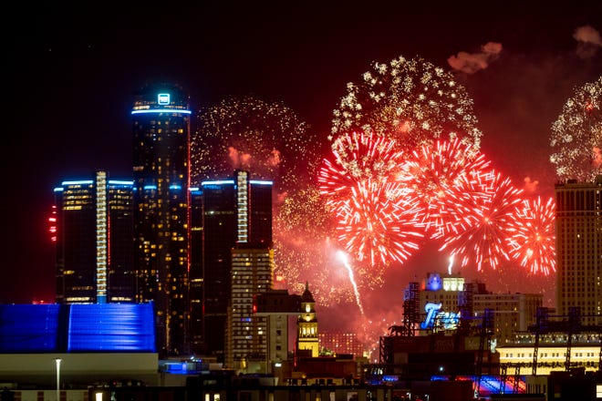 Colors shoot across the Detroit skyline during the annual fireworks show over the Detroit River, June 27, 2022.