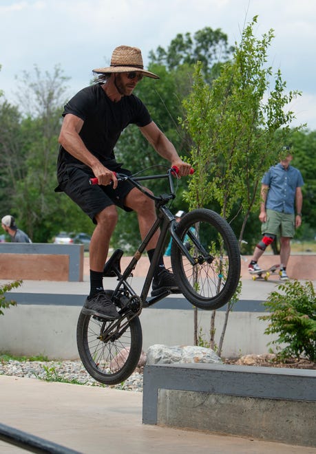 Joe Gall of Berkley rides his BMX bike on the skate course at the new Chandler Park Skatepark in Detroit.