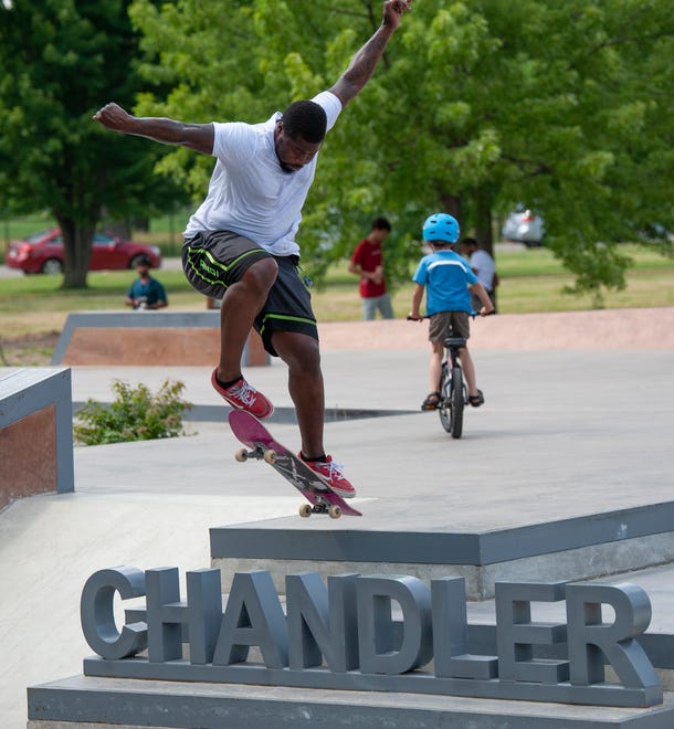Skateboarder Jeremy Morgan, 31, of Detroit skates at the new Chandler Park Skatepark in Detroit on Sunday.