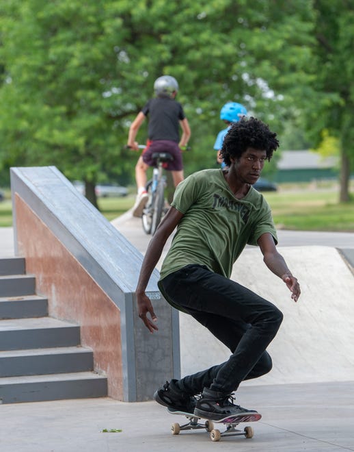 Skateboarder Andre Taylor, 28, of San Diego skates at the new Chandler Park Skatepark in Detroit.