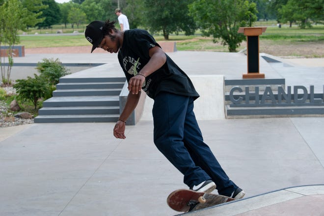 Giorgio Bonner, 20, of Detroit skates at the new Chandler Park Skatepark in Detroit.