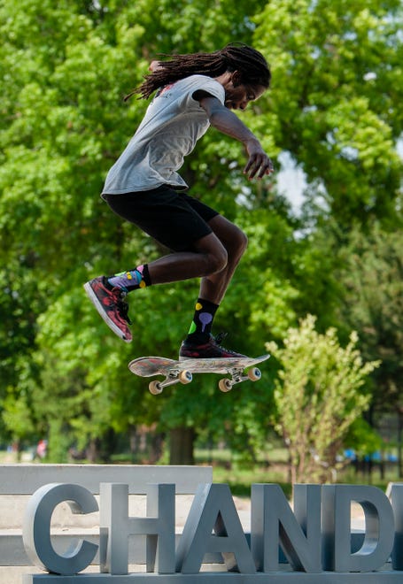 Skateboarder Austin Johnson of Oak Park skates at the new Chandler Park Skatepark in Detroit.