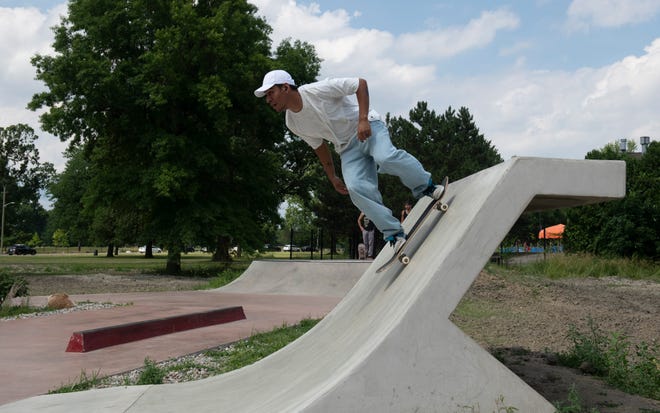 Skateboarder Cris Gomez-Mora, 25, of Goshen, Indiana, skates at the new Chandler Park Skatepark.
