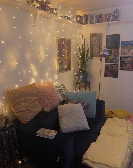 Colorful tapestries offer an affordable way to add a focal point to  
Curtain LED lights create a unique backdrop for a college dorm room or an off-campus apartment. These popular pieces have an ethereal quality.