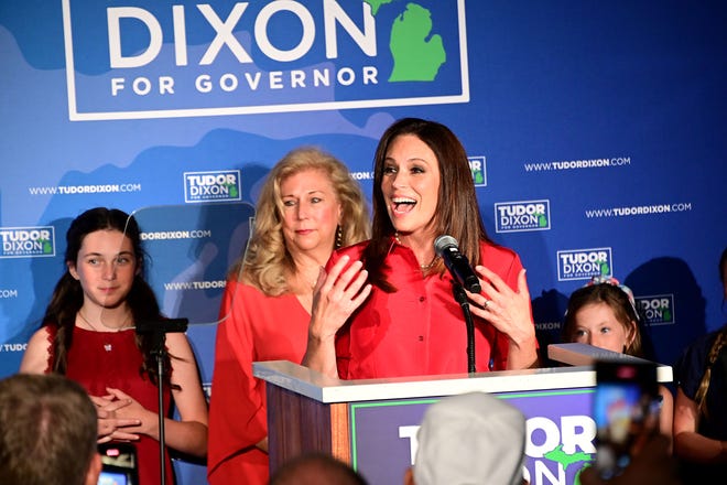 Republican gubernatorial candidate Tudor Dixon declares victory at her primary election night party at the Amway Grand Hotel in Grand Rapids on Aug 2, 2022.