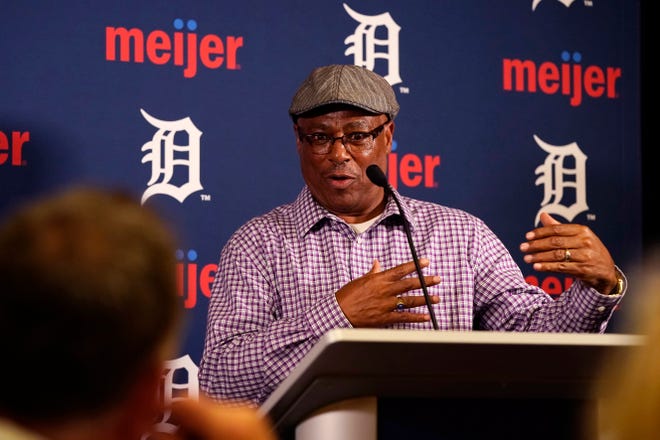 Former Tigers second baseman Lou Whitaker talks to the media before the game.