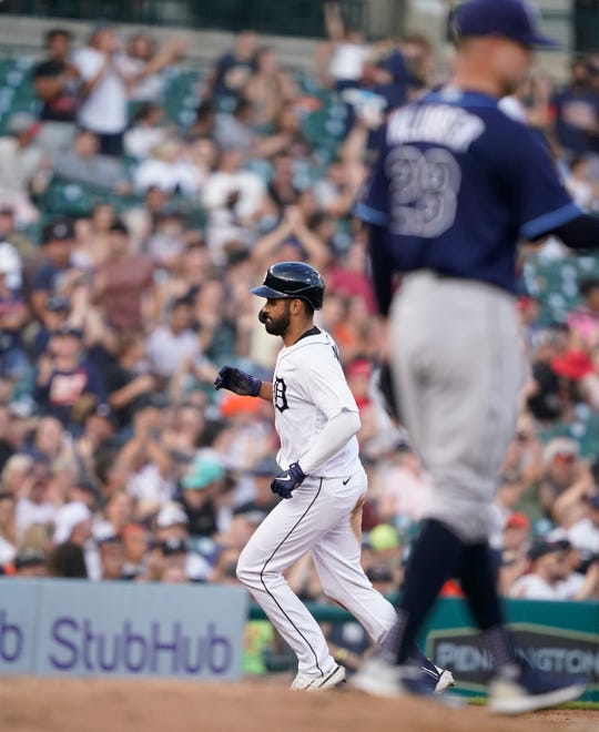 Tigers' Riley Greene rounds the bases with Rays starting pitcher Corey Kluber on the mound during his two-run home run during the second inning.
