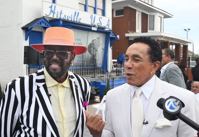 Motown greats original Temptation Otis Williams and Smokey Robinson during the Motown Museum celebration for the completion of two of three phases of an ambitious expansion plan, including a new square in front of the museum, in Detroit, Michigan, on August 8, 2022.