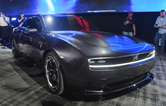 Daytona SRT Banshee concept electric muscle car reveal at M1Concourse in Pontiac, Michigan on August 17, 2022.  (Image by