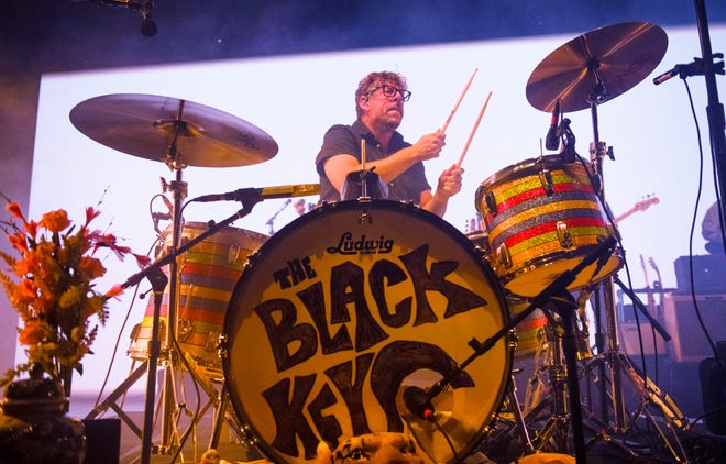 Patrick Carney, drummer for The Black Keys, performs during the band’s Dropout Boogie Tour at Pine Knob.