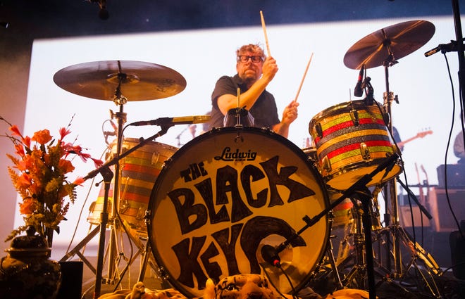 Patrick Carney, drummer for The Black Keys, performs during the band’s Dropout Boogie Tour at Pine Knob in Clarkston.