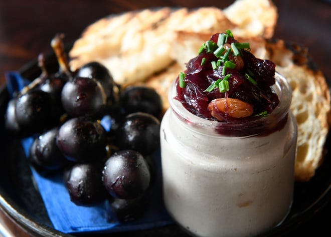 Wild mushroom pate with grilled grapes, onion chutney and grilled sourdough at Olin.