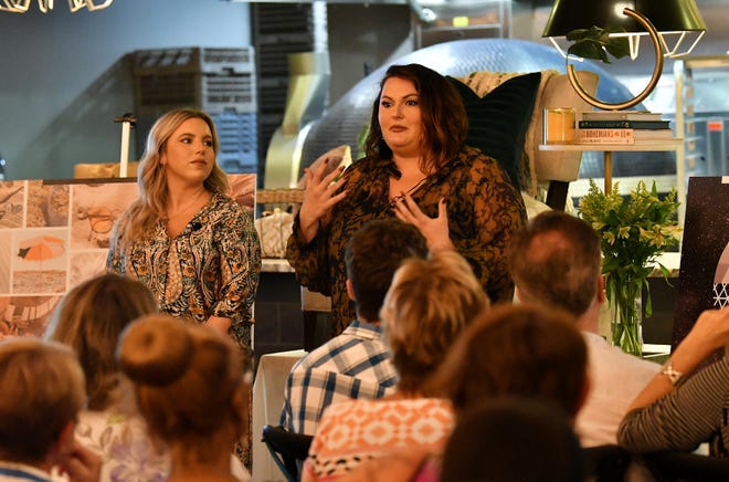 From left, Concetti Interior Design & Strategy lead designer Taylor Morgan and CEO and principle designer Rachel Nelson talk about switching from a summer motif into fall at Dish and Design Cozy Comfort event at  Great Lakes Culinary Center in Southfield, Mich. on Sept. 20, 2022.