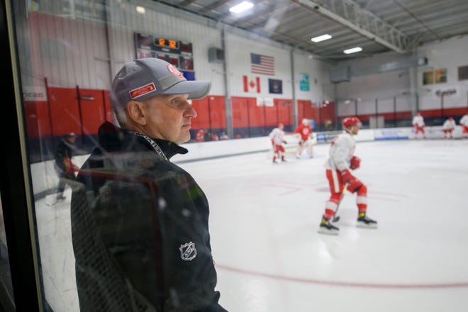 Head coach Derek Lalonde keeps his eyes on the players during the Red Wings’ training camp at Centre Ice Arena in Traverse City on Friday, Sept. 23, 2022.