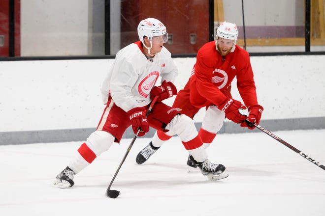 Left wing Lucas Raymond, left, keeps the puck away from defenseman Steven Kampfer during the Red Wings’ training camp at Centre Ice Arena.