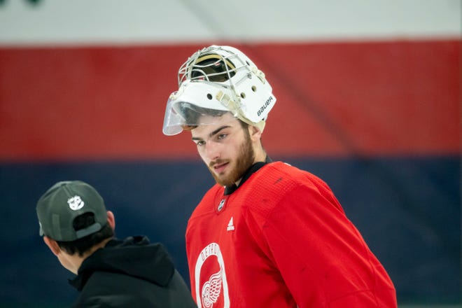 Goaltender Sebastian Cossa during the Red Wings’ training camp at Centre Ice Arena.