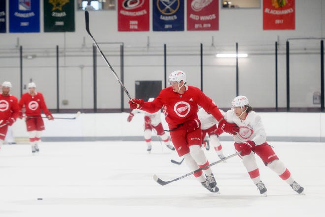 Left wing Elmer Soderblom, left, and defenseman Moritz Seider battle for the puck during the Red Wings’ training camp at Centre Ice Arena.