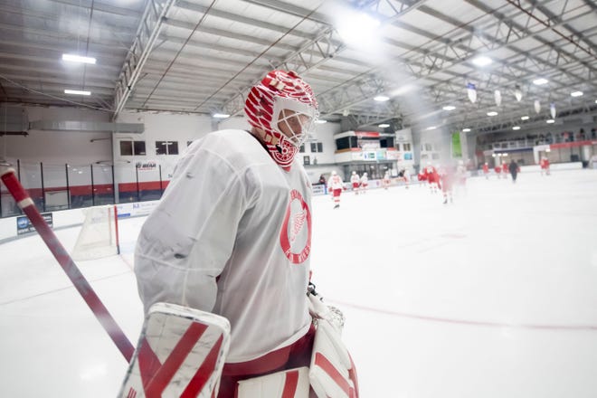 Goaltender Ville Husso takes a breather during the Red Wings’ training camp at Centre Ice Arena.