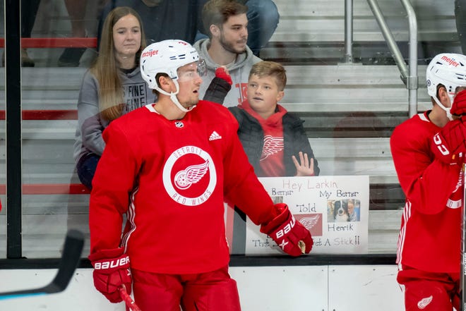 Nine-year-old Joey Manzella, of Armada tries to get the attention of Defenseman Robert Hagg during the Red Wings’ training camp at Centre Ice Arena.