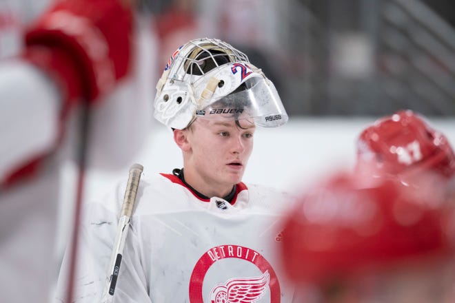 Goaltender Andrew Oke listens to the coaches during the Red Wings’ training camp at Centre Ice Arena.