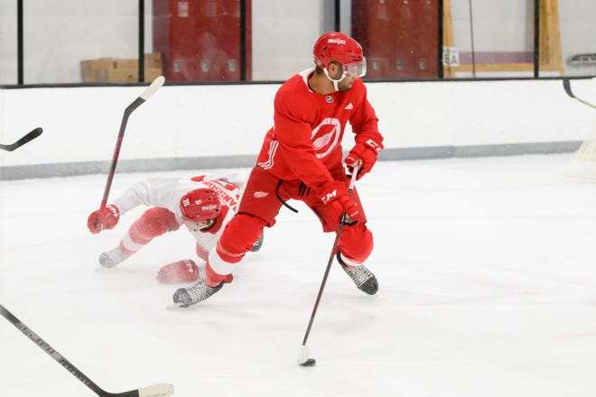 Defenseman Jeremie Biakabutuka shakes off defenseman Albert Johansson while playing the puck during the Red Wings’ training camp at Centre Ice Arena.