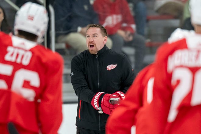 Assistant coach Jay Varady calls out instructions to the players during the Red Wings’ training camp at Centre Ice Arena.