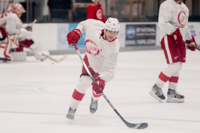 Defenseman Eemil Viro shoots the puck during the Red Wings’ training camp at Centre Ice Arena.