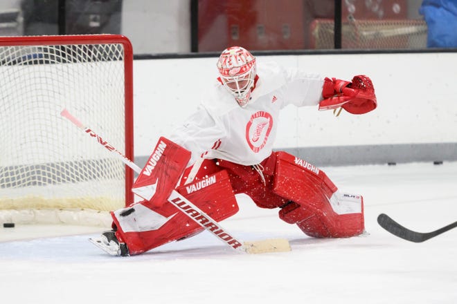 Goaltender Alex Nedeljkovic makes a save during the Red Wings’ training camp at Centre Ice Arena.