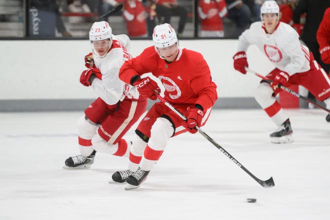 Defenseman Eemil Viro keeps the puck away from left wing Lucas Raymond during the Red Wings’ training camp at Centre Ice Arena.