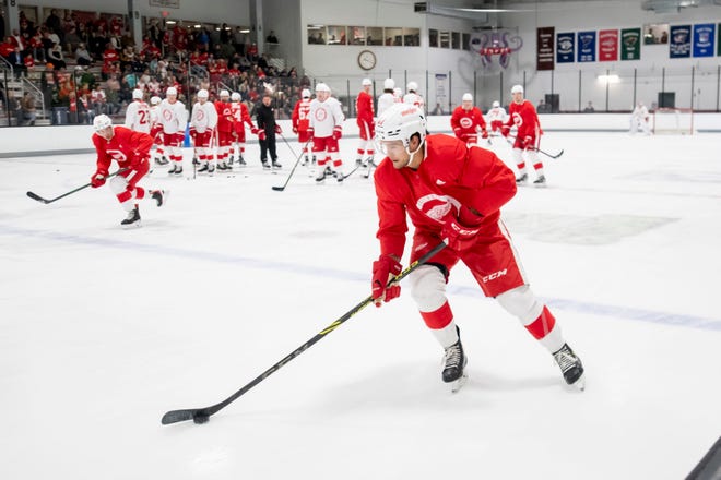 Right wing Joel L'Esperance moves the puck down the ice during the Red Wings’ training camp at Centre Ice Arena.