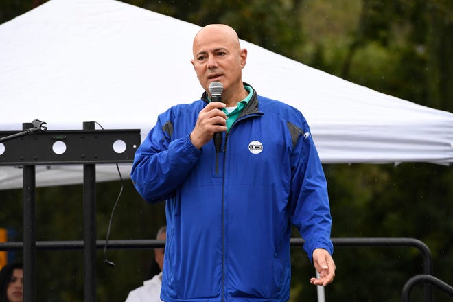 Dearborn Heights Mayor Bill Bazzi addresses the crowd during the Zaman International 13th annual Run Walk Picnic at Ford Field Park, Saturday, Sept. 24, 2022, in Dearborn, Mich. (Jose Juarez/Special to Detroit News)