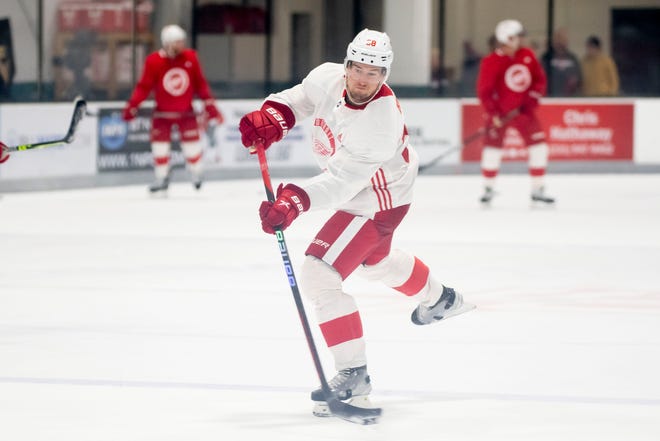 Right wing Riley Piercey shoots the puck during the Red Wings’ training camp at Centre Ice Arena.