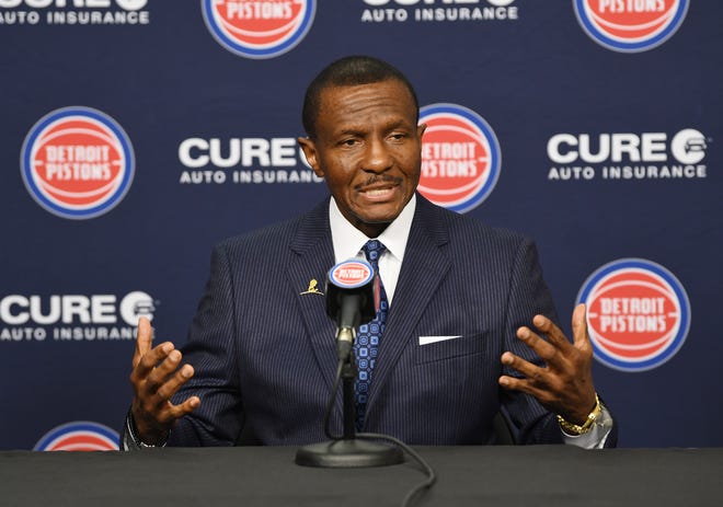 Pistons head coach Dwane Casey answers questions from reporters during media day at Little Caesars Arena in Detroit on September 26, 2022.