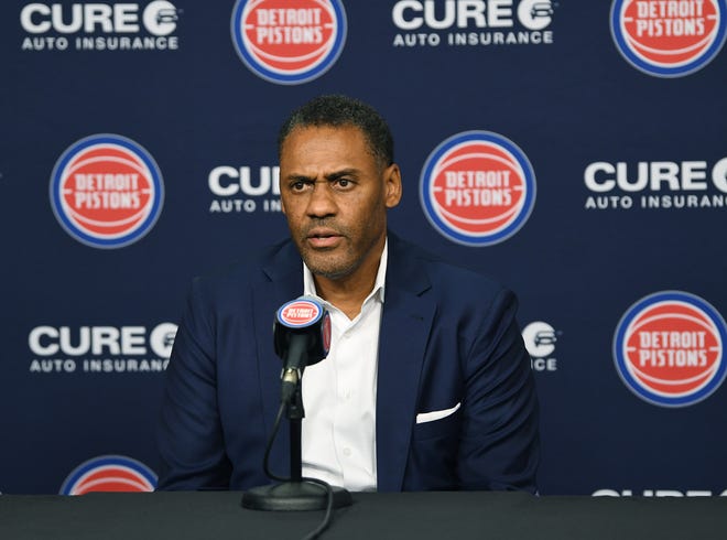 Pistons general manager Troy Weaver answers questions from reporters during media day at Little Caesars Arena in Detroit on September 26, 2022.